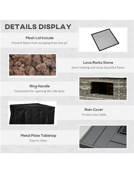 Outsunny Outdoor PE Rattan Gas Fire Pit Table, Patio Square Propane Heater with Rain Cover, Mesh Lid and Lava Stone, 40,000 BTU, - pic 41786 | FastDaddyshop
