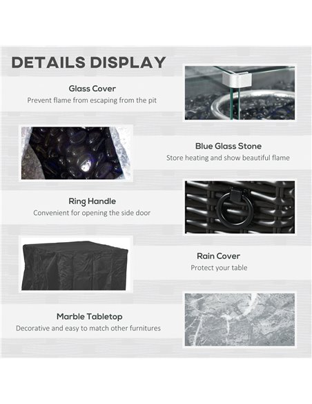Outsunny Outdoor PE Rattan Gas Fire Pit Table, Patio Square Propane Heater with Marble Desktop, Rain Cover, Glass Windscreen, an - pic 41804 | FastDaddyshop