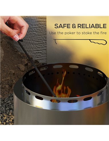Outsunny Smokeless Fire Pit, 48.5cm Portable Wood Burning Firepit with Poker for Garden Camping Bonfire Party, Stainless Steel, 
