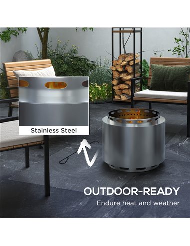 Outsunny Smokeless Fire Pit, 48.5cm Portable Wood Burning Firepit with Poker for Garden Camping Bonfire Party, Stainless Steel, 