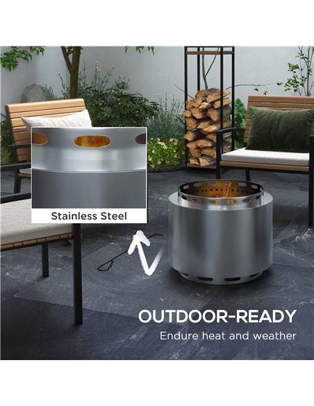 Outsunny Smokeless Fire Pit, 48.5cm Portable Wood Burning Firepit with Poker for Garden Camping Bonfire Party, Stainless Steel,  - pic 41813 | FastDaddyshop