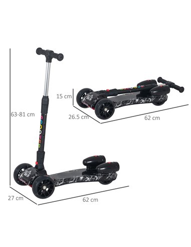 HOMCOM Kids 3 Wheel Scooter Adjustable Height w/ Flashing Wheels Music Water Spray Foldable Design Cool On Off Road Vehicle Blac