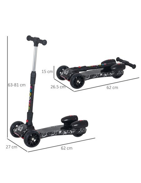 HOMCOM Kids 3 Wheel Scooter Adjustable Height w/ Flashing Wheels Music Water Spray Foldable Design Cool On Off Road Vehicle Blac - pic 4182 | FastDaddyshop