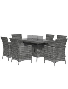 Outsunny 7 Pcs PE Rattan Dining Sets with Fire Pit Table, Mixed Grey 867-166V70GG