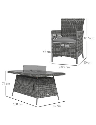 Outsunny 7 Pcs PE Rattan Dining Sets with Fire Pit Table, Mixed Grey 867-166V70GG