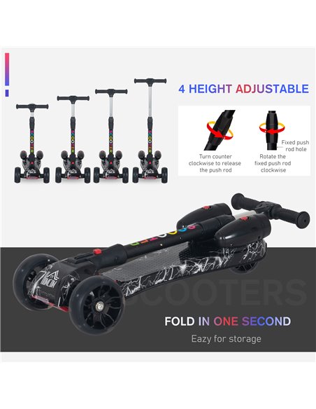 HOMCOM Kids 3 Wheel Scooter Adjustable Height w/ Flashing Wheels Music Water Spray Foldable Design Cool On Off Road Vehicle Blac - pic 4183 | FastDaddyshop