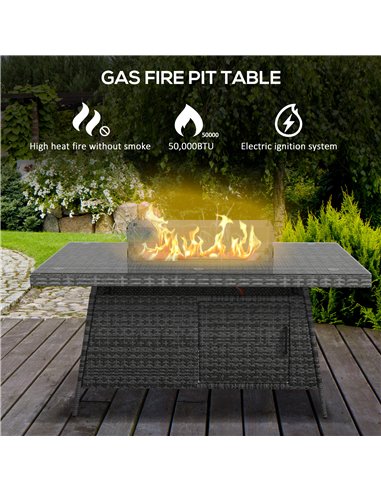 Outsunny 7 Pcs PE Rattan Dining Sets w/ Fire Pit Table, Garden Dining Set w/ Heater Table, Armchairs w/ Cushions, Glass Windscre