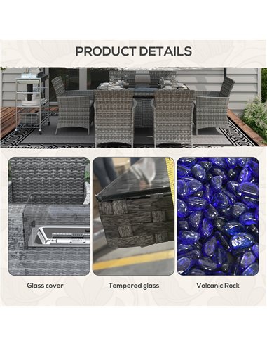 Outsunny 7 Pcs PE Rattan Dining Sets w/ Fire Pit Table, Garden Dining Set w/ Heater Table, Armchairs w/ Cushions, Glass Windscre