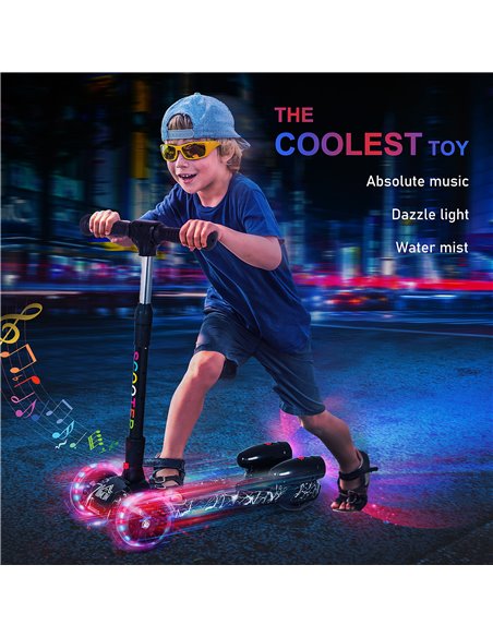 HOMCOM Kids 3 Wheel Scooter Adjustable Height w/ Flashing Wheels Music Water Spray Foldable Design Cool On Off Road Vehicle Blac - pic 4184 | FastDaddyshop