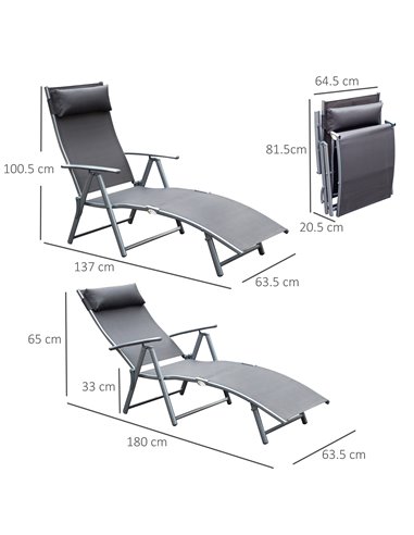 Outsunny Texteline Sun Lounger Recliner Chair Patio Foldable Garden 5 Levels Grey 84B-184GY