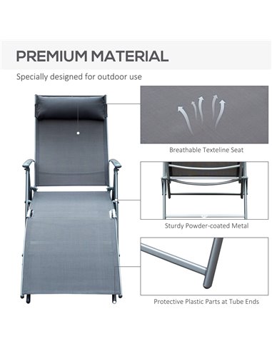 Outsunny Texteline Sun Lounger Recliner Chair Patio Foldable Garden 5 Levels Grey 84B-184GY