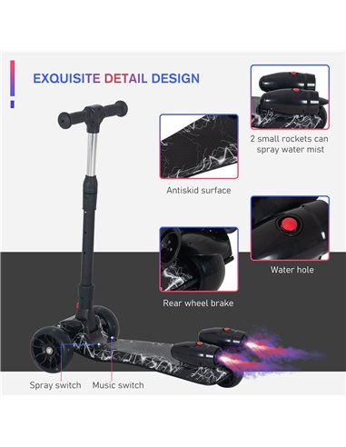 HOMCOM Kids 3 Wheel Scooter Adjustable Height w/ Flashing Wheels Music Water Spray Foldable Design Cool On Off Road Vehicle Blac