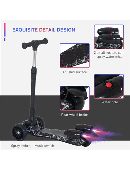 HOMCOM Kids 3 Wheel Scooter Adjustable Height w/ Flashing Wheels Music Water Spray Foldable Design Cool On Off Road Vehicle Blac - pic 4186 | FastDaddyshop