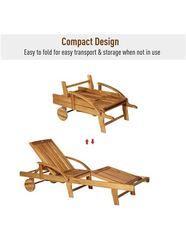 Outsunny Outdoor Garden Patio Wooden Sun Lounger Foldable Recliner Deck Chair Day Bed Furniture with Wheels 84B-326