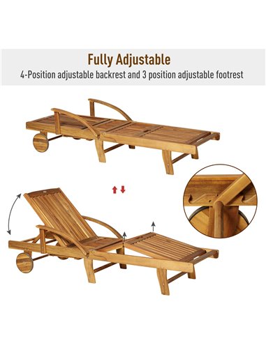 Outsunny Outdoor Garden Patio Wooden Sun Lounger Foldable Recliner Deck Chair Day Bed Furniture with Wheels 84B-326
