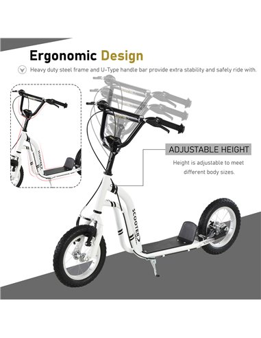 HOMCOM Youth Scooter Front and Rear Caliper Dual Brakes 12-Inch Inflatable Front Wheel Ride On Toy For Age 5+