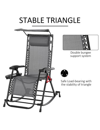 Outsunny Garden Rocking Chair Folding Recliner Outdoor Adjustable Sun Lounger Rocker Zero-Gravity Seat with Headrest Side Holder