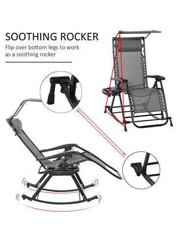 Outsunny Garden Rocking Chair Folding Recliner Outdoor Adjustable Sun Lounger Rocker Zero-Gravity Seat with Headrest Side Holder