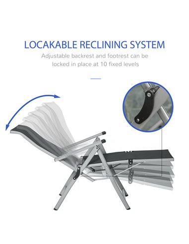 Outsunny Outdoor Sun Lounger 10-Position Adjustable Folding Reclining Chairs with Footrest for Patio Garden Black and Grey 84B-5