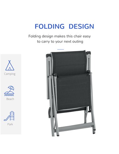 Outsunny Outdoor Sun Lounger 10-Position Adjustable Folding Reclining Chairs with Footrest for Patio Garden Black and Grey 84B-5