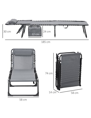 Outsunny Portable Sun Lounger, Folding Camping Bed Cot, Grey 84B-812V70GY