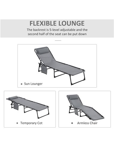 Outsunny Portable Sun Lounger, Folding Camping Bed Cot, Reclining Lounge Chair 5-position Adjustable Backrest with Pillow for Pa