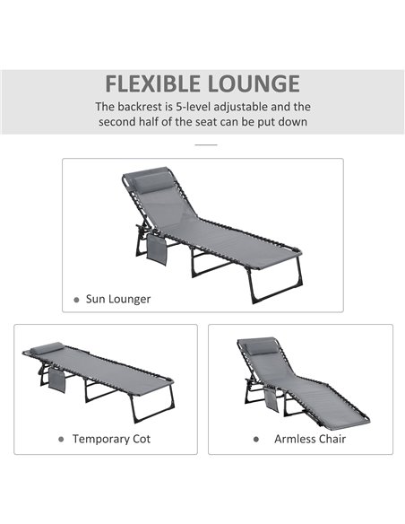 Outsunny Portable Sun Lounger, Folding Camping Bed Cot, Reclining Lounge Chair 5-position Adjustable Backrest with Pillow for Pa - pic 41991 | FastDaddyshop