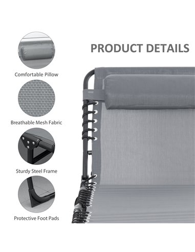 Outsunny Portable Sun Lounger, Folding Camping Bed Cot, Reclining Lounge Chair 5-position Adjustable Backrest with Pillow for Pa