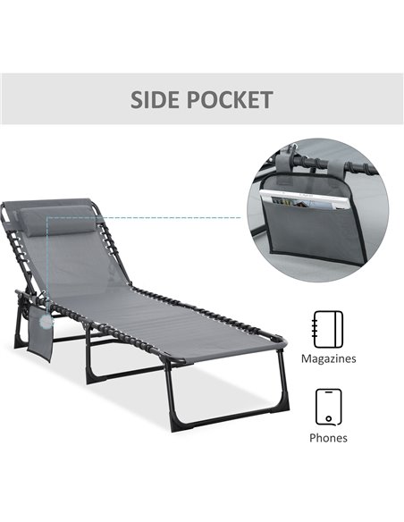 Outsunny Portable Sun Lounger, Folding Camping Bed Cot, Reclining Lounge Chair 5-position Adjustable Backrest with Pillow for Pa - pic 41994 | FastDaddyshop