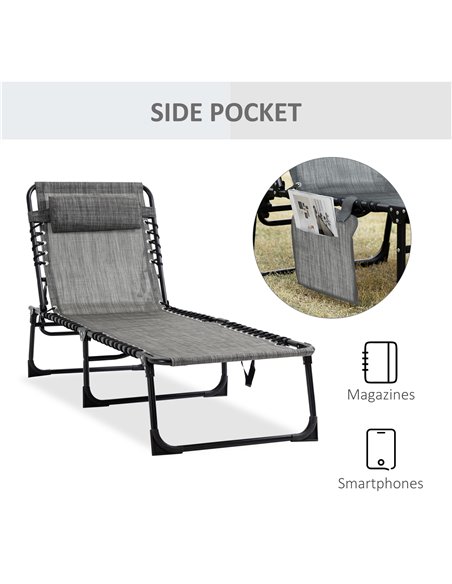 Outsunny Portable Sun Lounger, Folding Camping Bed Cot, Reclining Lounge Chair 5-position Adjustable Backrest with Pillow, Mixed - pic 42003 | FastDaddyshop