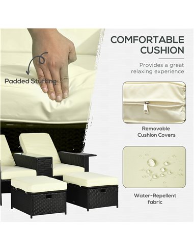 Outsunny 5PC PE Rattan Sun Lounger, Outdoor Wicker 5-level Adjustable Recliner Sofa Bed with Storage Side Table, Footstools, for
