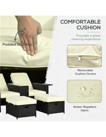 Outsunny 5PC PE Rattan Sun Lounger, Outdoor Wicker 5-level Adjustable Recliner Sofa Bed with Storage Side Table, Footstools, for - pic 42028 | FastDaddyshop