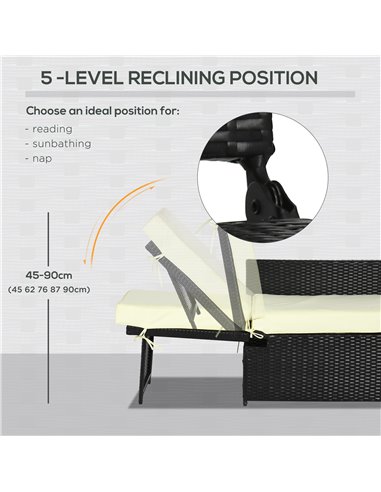 Outsunny 5PC PE Rattan Sun Lounger, Outdoor Wicker 5-level Adjustable Recliner Sofa Bed with Storage Side Table, Footstools, for