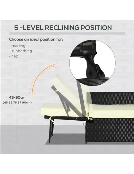 Outsunny 5PC PE Rattan Sun Lounger, Outdoor Wicker 5-level Adjustable Recliner Sofa Bed with Storage Side Table, Footstools, for - pic 42029 | FastDaddyshop