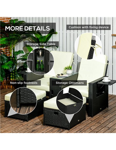 Outsunny 5PC PE Rattan Sun Lounger, Outdoor Wicker 5-level Adjustable Recliner Sofa Bed with Storage Side Table, Footstools, for - pic 42030 | FastDaddyshop