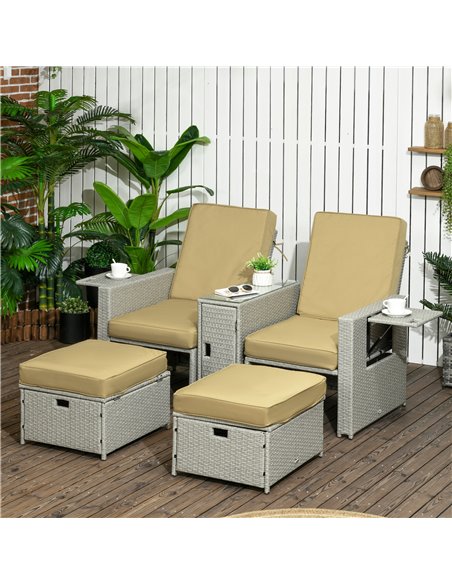Outsunny 5PC PE Rattan Sun Lounger, Khaki & Beige 862-067V71BG - pic 42034 | FastDaddyshop