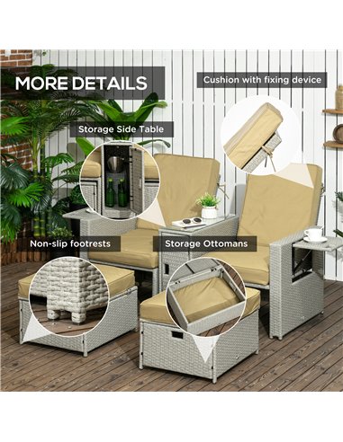 Outsunny 5PC PE Rattan Sun Lounger, Outdoor Wicker 5-level Adjustable Recliner Sofa Bed with Storage Side Table Footstools, for 