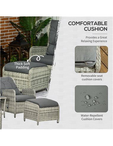 Outsunny 5 Pieces PE Rattan Sun Lounger Set, Outdoor Half-round Wicker Recliner Sofa Bed with Glass Top Two-tier Table and Foots