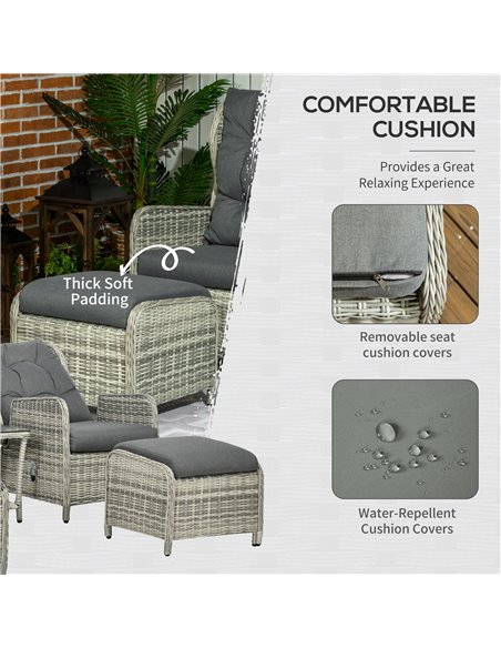 Outsunny 5 Pieces PE Rattan Sun Lounger Set, Outdoor Half-round Wicker Recliner Sofa Bed with Glass Top Two-tier Table and Foots - pic 42064 | FastDaddyshop