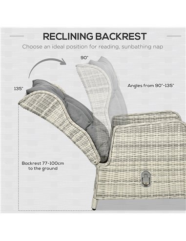 Outsunny 5 Pieces PE Rattan Sun Lounger Set, Outdoor Half-round Wicker Recliner Sofa Bed with Glass Top Two-tier Table and Foots