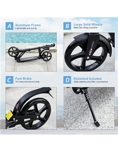 HOMCOM Kick Scooter Foldable Aluminum Ride On Toy For 8+ Adult Teens with Foot Brake, Adjustable Handle, Black