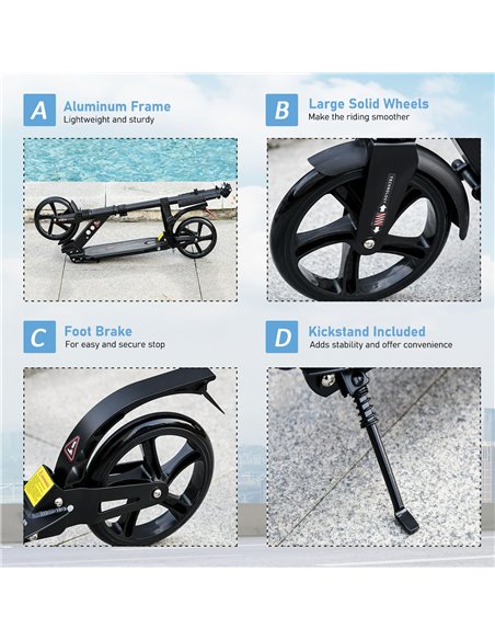 HOMCOM Kick Scooter Foldable Aluminum Ride On Toy For 8+ Adult Teens with Foot Brake, Adjustable Handle, Black - pic 4208 | FastDaddyshop