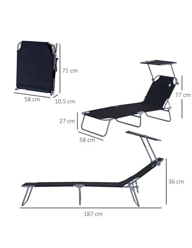 Outsunny 2 Pcs Outdoor Foldable Sun Lounger Set, Black 84B-P087