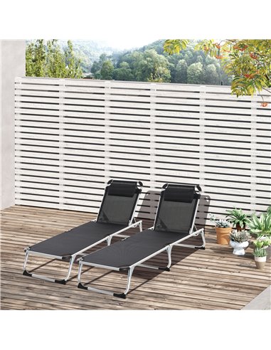 Outsunny 2 Pieces Foldable Sun Lounger with Pillow, 5-Level Adjustable Reclining Lounge Chair, Aluminium Frame Camping Bed Cot, 
