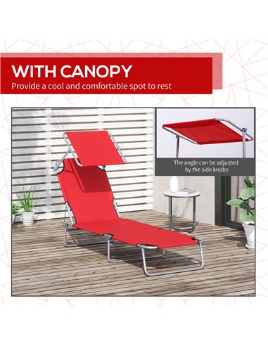 Outsunny Folding Sun Lounger, Lounge Chairs Reclining Sleeping Bed with Adjustable Sun Shade Awning for Beach, Patio 84B-001RD