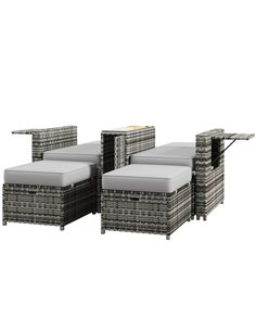 Outsunny Rattan Sun Lounger with Storage Tea Table & Footstools, Grey 862-067V70GY