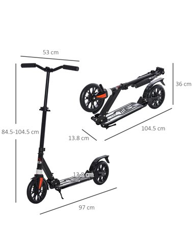 HOMCOM Kick Scooter Foldable Height Adjustable Aluminum Ride for 14+ Adult Teens with Rear Wheel Brake, Shock Mitigation System 