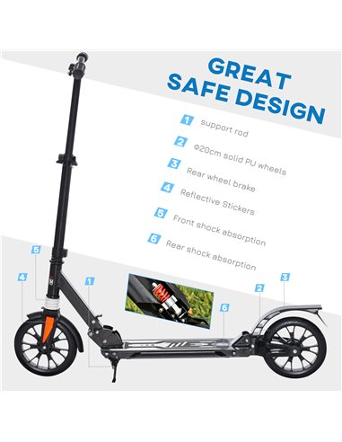 HOMCOM Kick Scooter Foldable Height Adjustable Aluminum Ride for 14+ Adult Teens with Rear Wheel Brake, Shock Mitigation System 