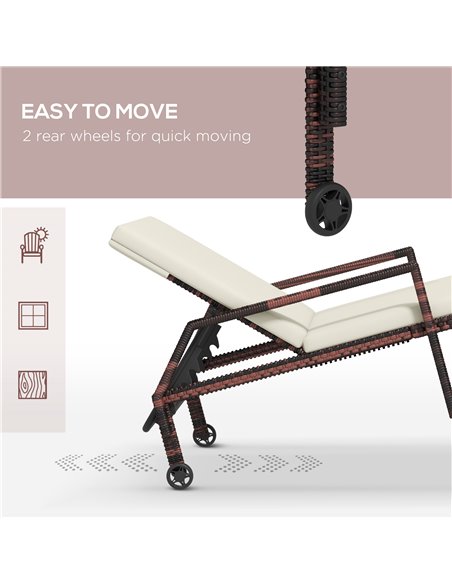 Outsunny Outdoor Sun Lounger, Rattan Wicker Chaise Recliner with 5-Level Adjustable Backrest and 2 Wheels 862-035V71CW - pic 42360 | FastDaddyshop