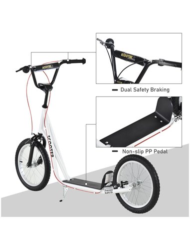 HOMCOM Teen Kids Stunt Scooter Children Kick Scooter Adjustable Handlebar 2 Brakes Ride On 16 Inch Rubber Tyres White